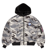 Load image into Gallery viewer, Reversible Snow Camo Fur Bomber Jacket
